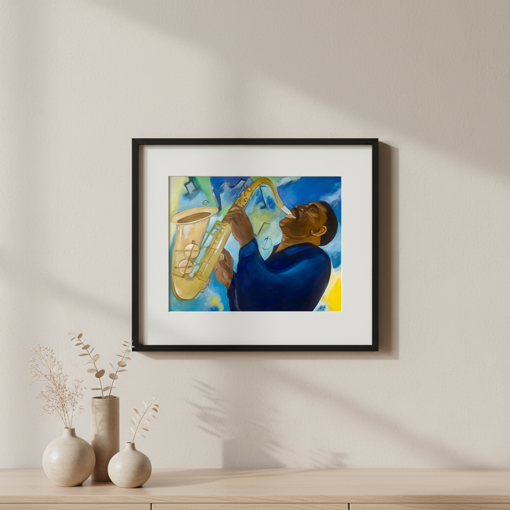 Framed painting of a man playing a saxophone on a wall above a wooden shelf with decorative vases.
