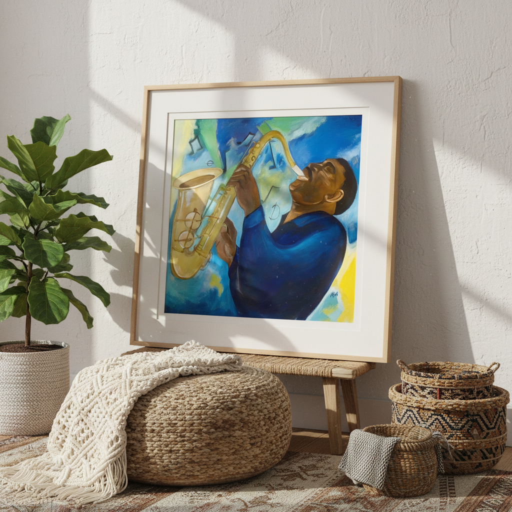 Framed artwork of a man playing a saxophone in a home setting with decor elements.