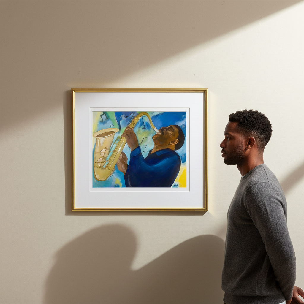 Man looking at a painting of a man playing a saxophone on a wall.