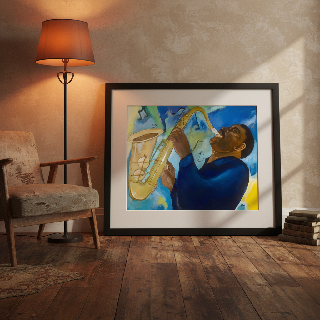 Framed artwork of a musician playing a saxophone in a room with wooden floor and chair.