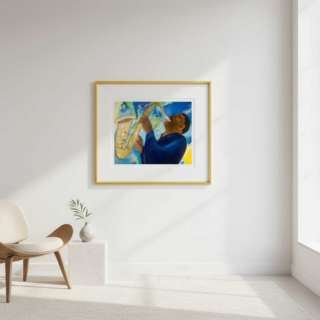 Framed artwork of a musician playing a saxophone in a minimalistic room.