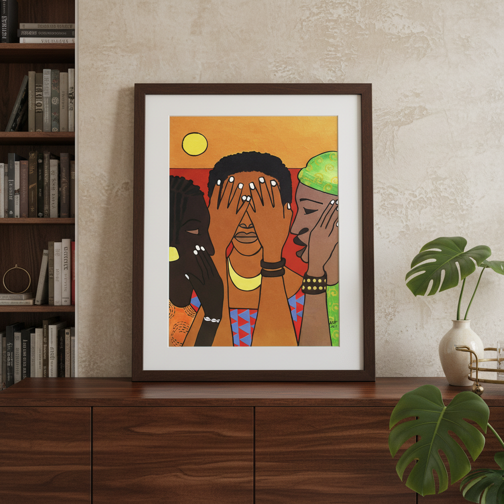 Hear No Evil Speak No Evil See No Evil framed giclee print in espresso frame, contemporary credenza styling — Black girls art