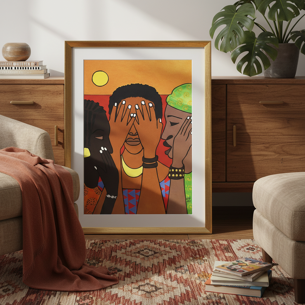 Hear No Evil Speak No Evil See No Evil framed giclee print in gold frame, boho credenza styling — Black girls unity art
