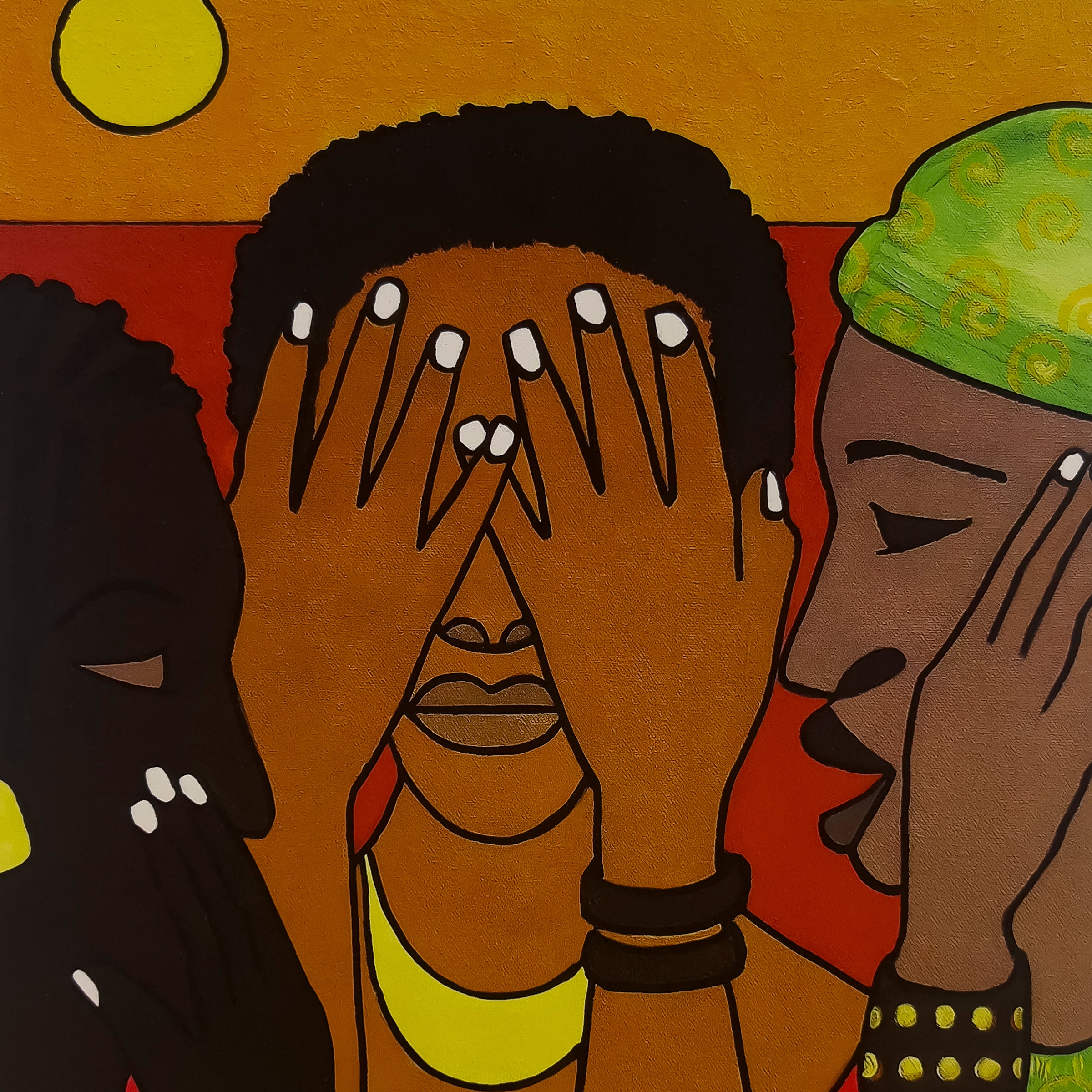 Hear No Evil Speak No Evil See No Evil framed giclee print — lifestyle view, Black girls unity art by A.S. Hodges