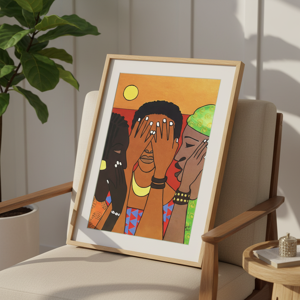Hear No Evil Speak No Evil See No Evil framed giclee print in natural frame near an accent chair — Black girls unity art