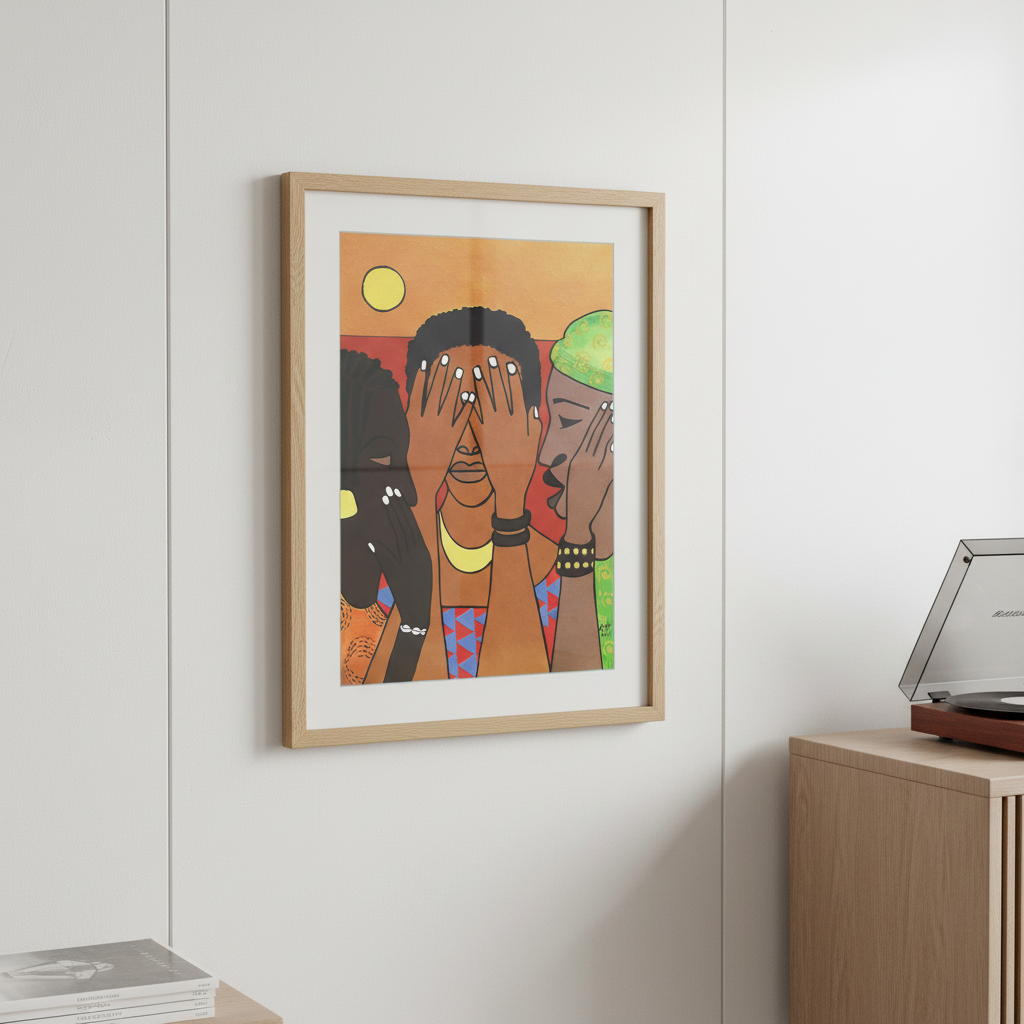 Hear No Evil Speak No Evil See No Evil framed giclee print in natural frame near a record player — Black girls unity art