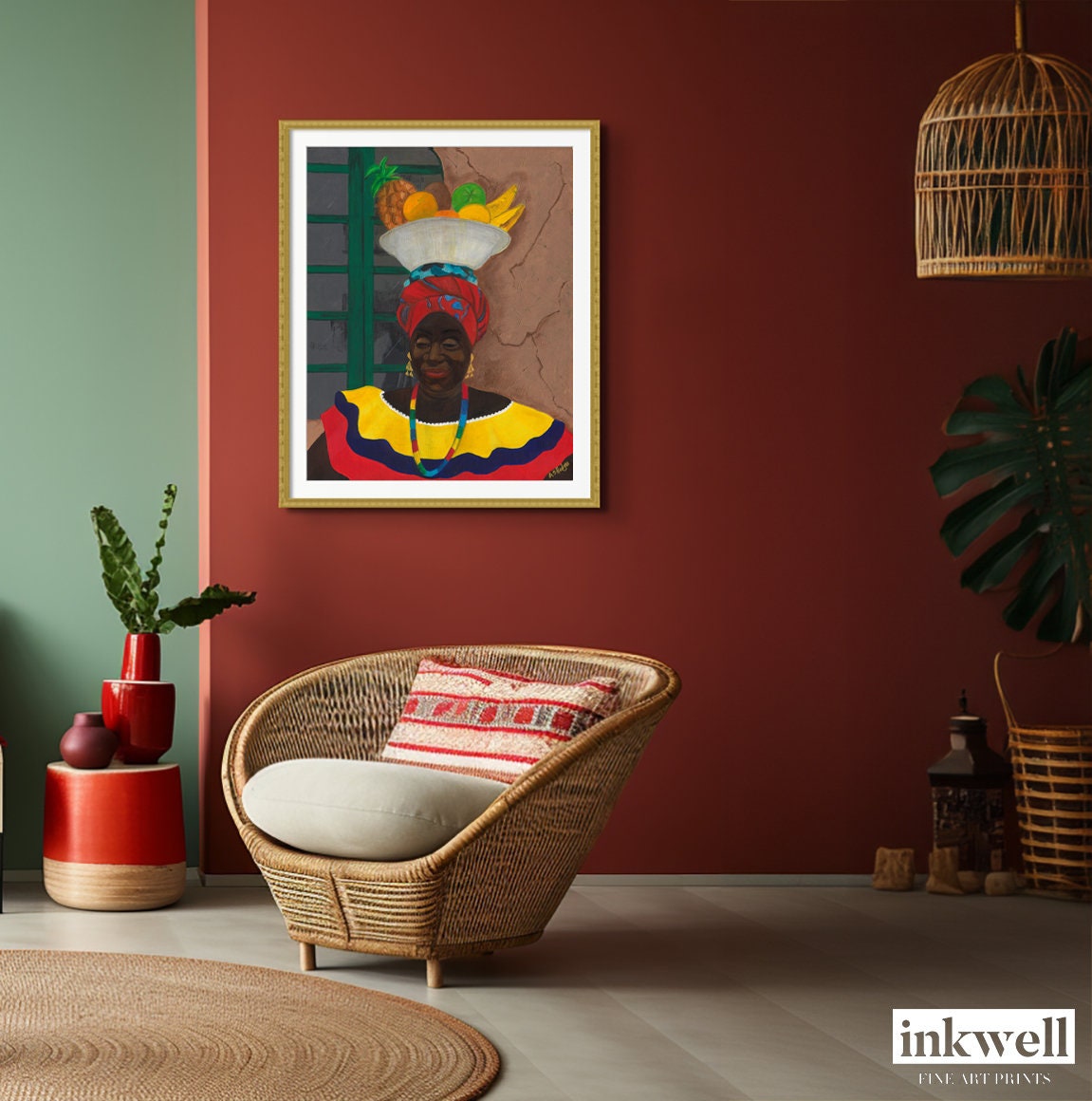 black art Print 'Hey Lady' By Antionette Simmons Hodges depicting a Colombian Fruit Vendor Hung on a Red Wall