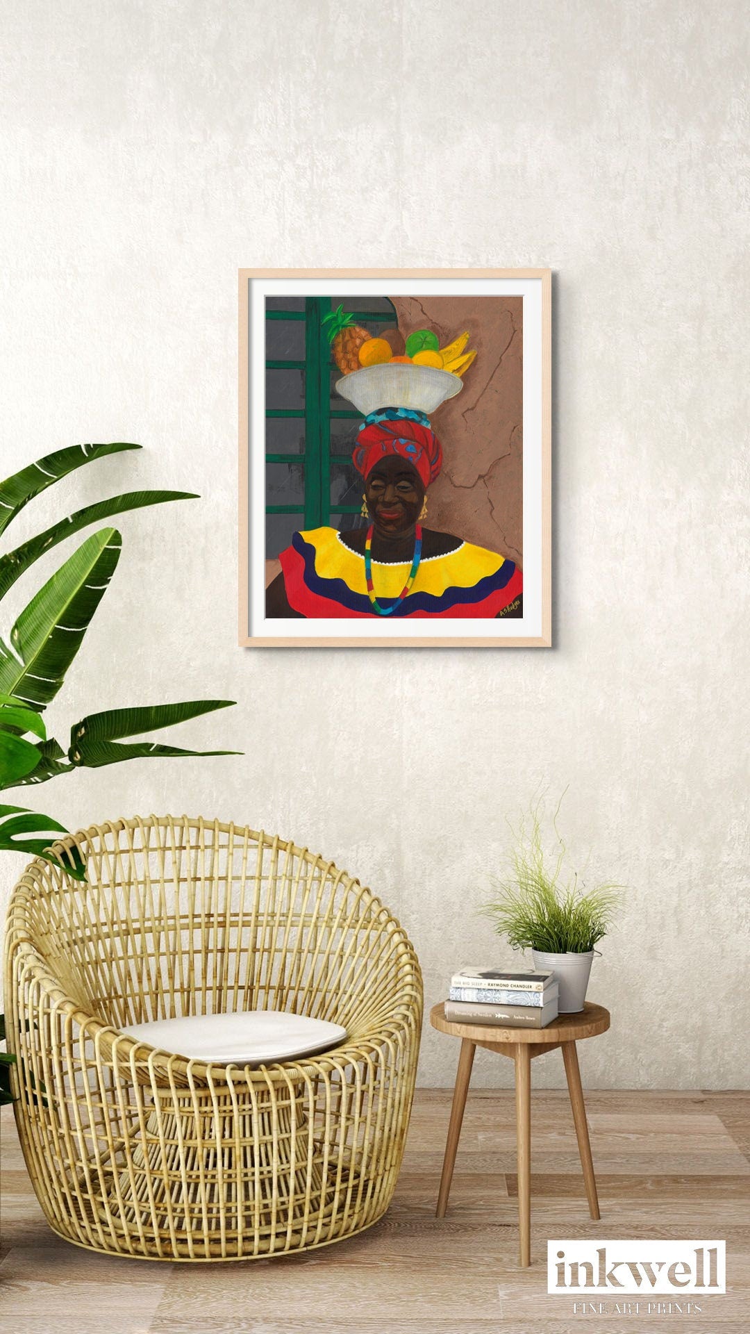 black art Print 'Hey Lady' By Antionette Simmons Hodges depicting a Colombian Fruit Vendor framed in a natural wood 