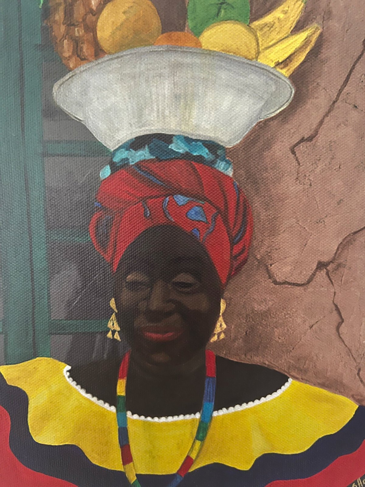 detail of black art Print 'Hey Lady' By Antionette Simmons Hodges depicting a Colombian Fruit Vendor