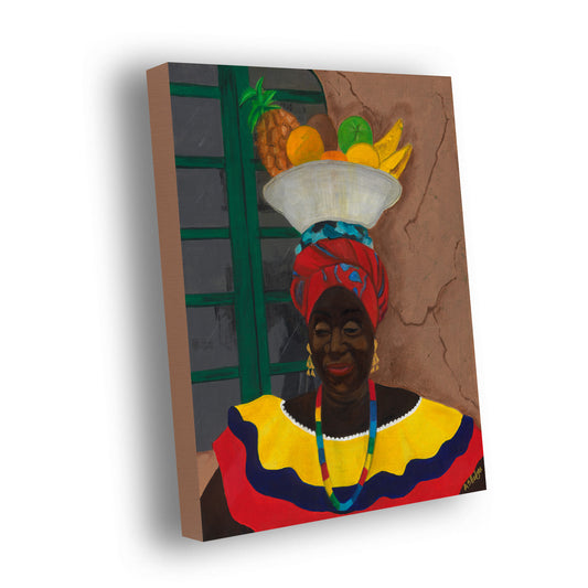 Stretched canvas print titled 'Hey Lady' by Antionette Simmons Hodges. The artwork portrays a Colombian woman in traditional attire, featuring a bright red turban with blue patterns, large golden hoop earrings, and a yellow dress with bold blue and red patterns. She carries a basket of tropical fruits, like pineapples, oranges, and bananas, atop her head. The vibrant background includes a green door and cracked wall, capturing the lively spirit and cultural richness of Cartagena.