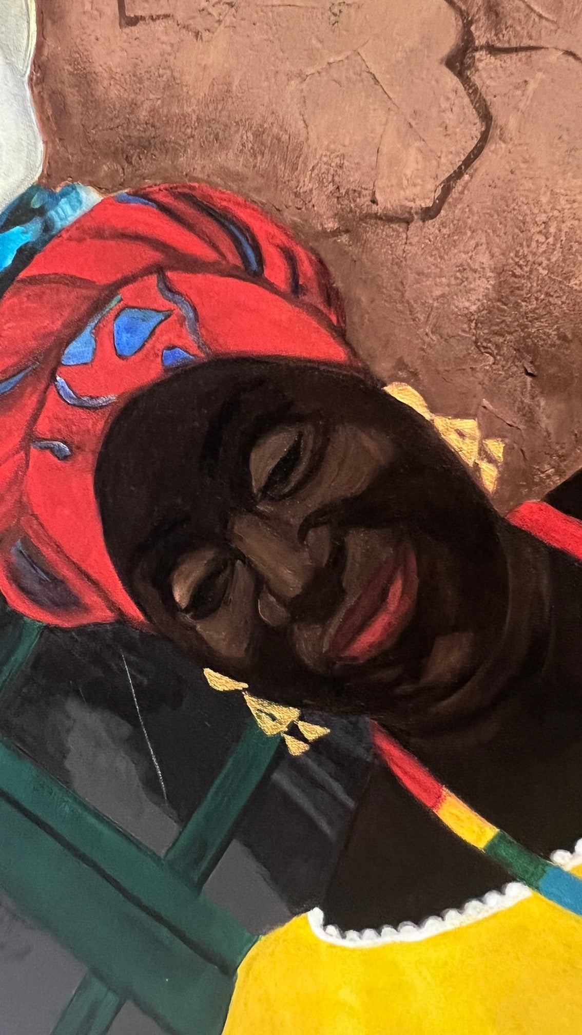 closeup of  black art Print 'Hey Lady' By Antionette Simmons Hodges depicting a Colombian Fruit Vendor