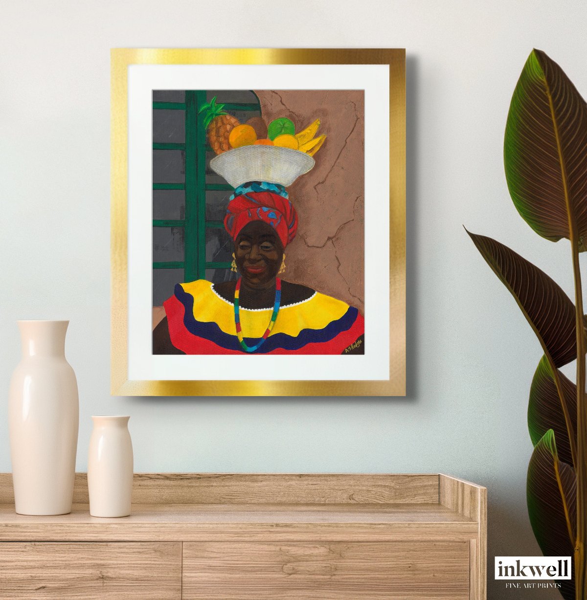 black art Print 'Hey Lady' By Antionette Simmons Hodges depicting a Colombian Fruit Vendor framed in gold 