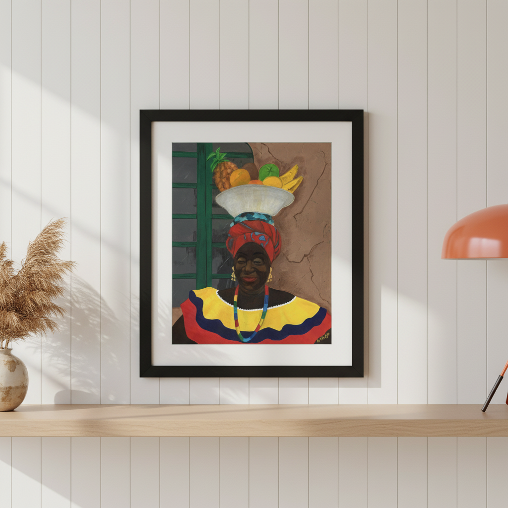 Hey Lady framed giclee print in black frame on shelf, low-angle view — Caribbean woman Afrocentric art