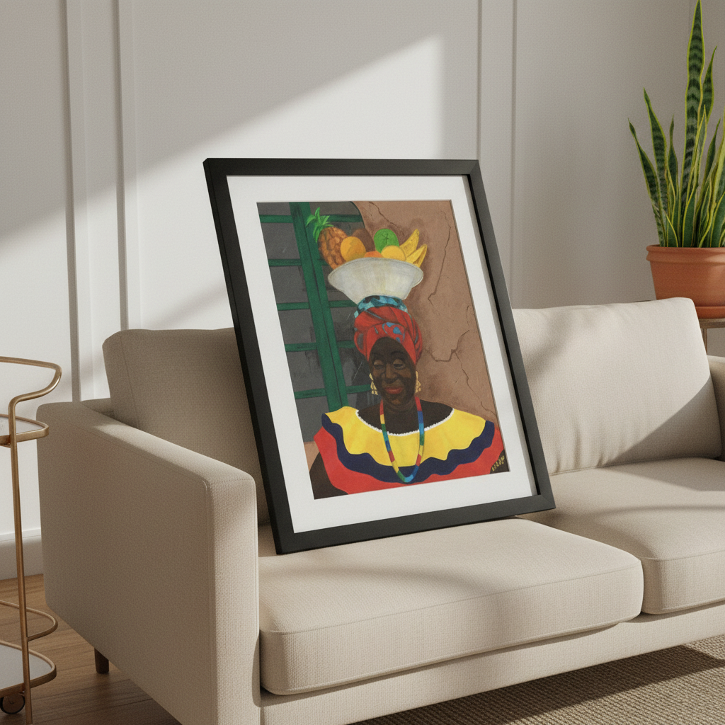 Hey Lady framed giclee print in black frame, sofa styling oblique view — Caribbean woman Afrocentric art