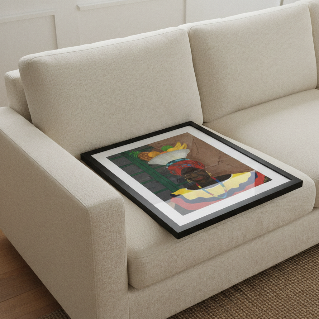 Hey Lady framed giclee print in black frame, sofa styling with overhead window light — Caribbean woman Afrocentric art