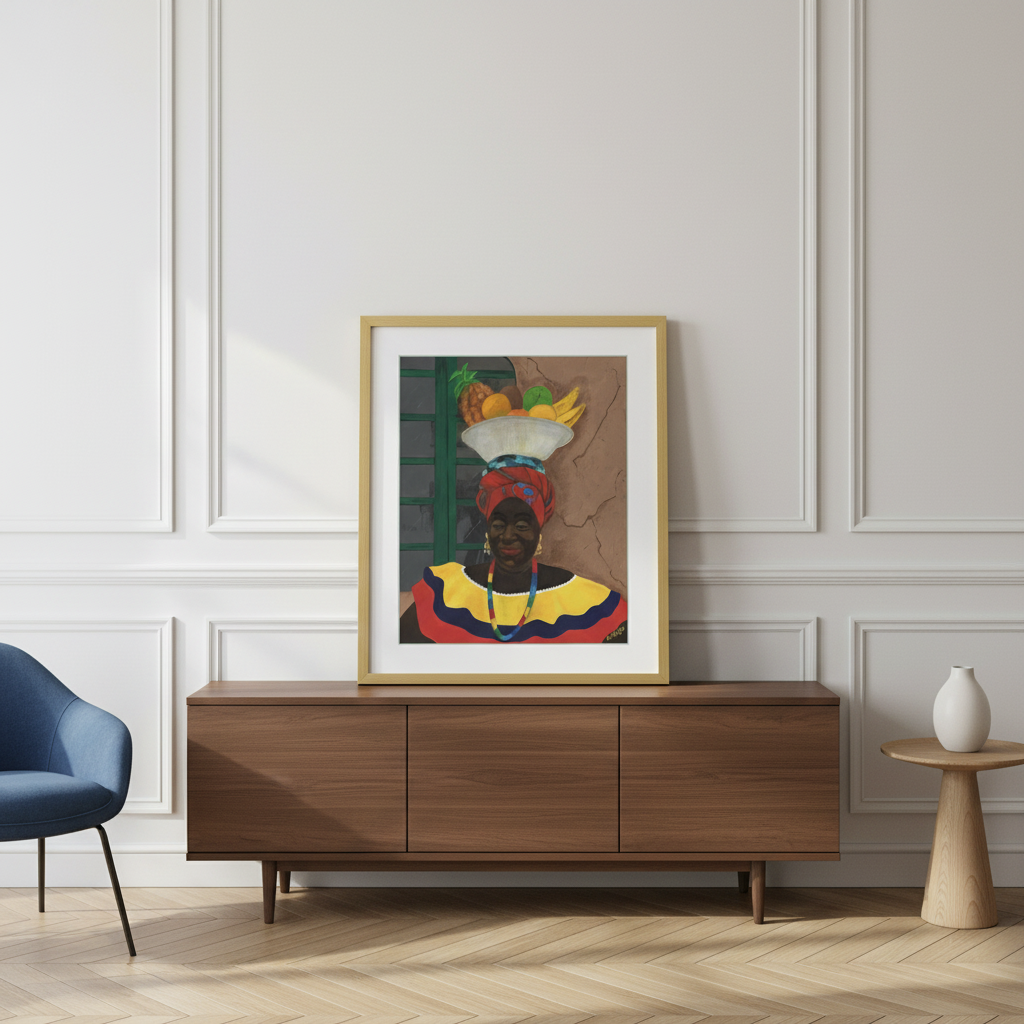 Hey Lady framed giclee print in gold frame on credenza — Caribbean woman Afrocentric art