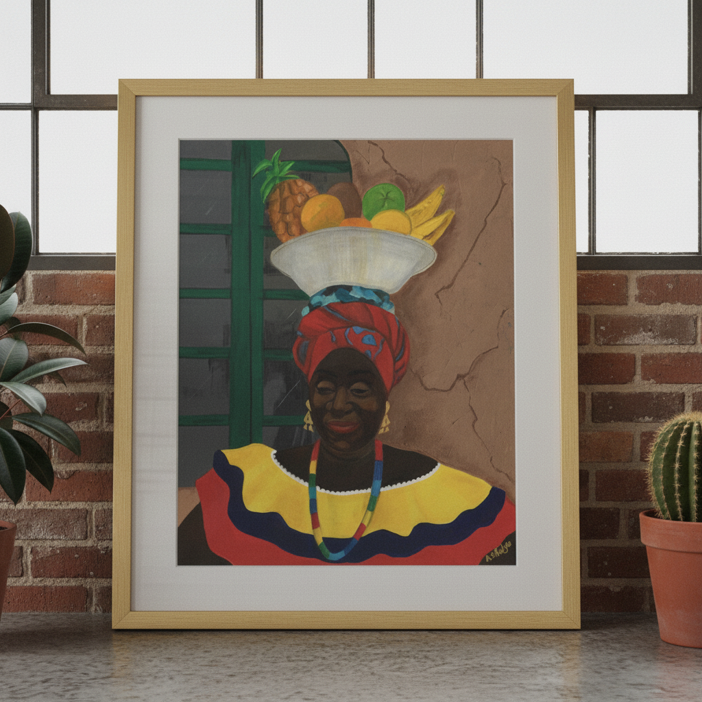 Hey Lady framed giclee print in gold frame, loft floor lean, low-angle view — Caribbean woman Afrocentric art