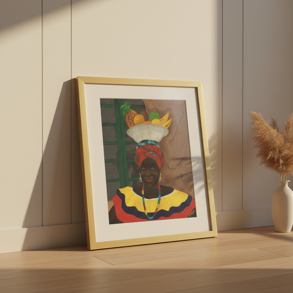 Hey Lady framed giclee print in gold frame, minimalist floor lean in golden light — Caribbean woman Afrocentric art