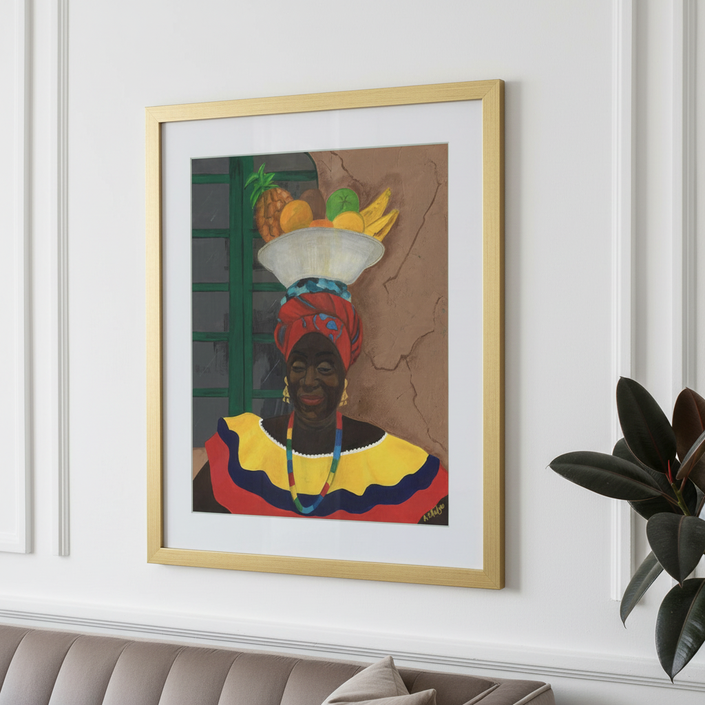 Hey Lady framed giclee print in gold frame on Parisian-style wall, oblique angle — Caribbean woman Afrocentric art