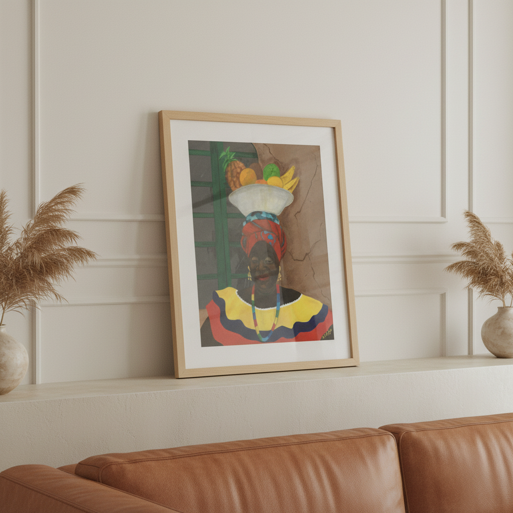 Hey Lady framed giclee print in natural wood frame on mantel, oblique view — Caribbean woman Afrocentric art