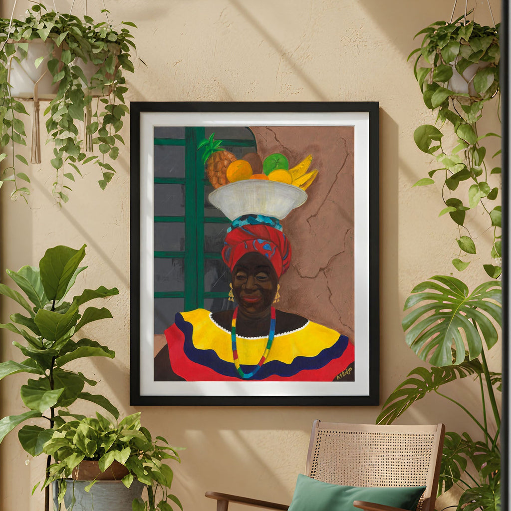 Decorative interior with a colorful framed artwork depicting an afro-carribean fruit vendor