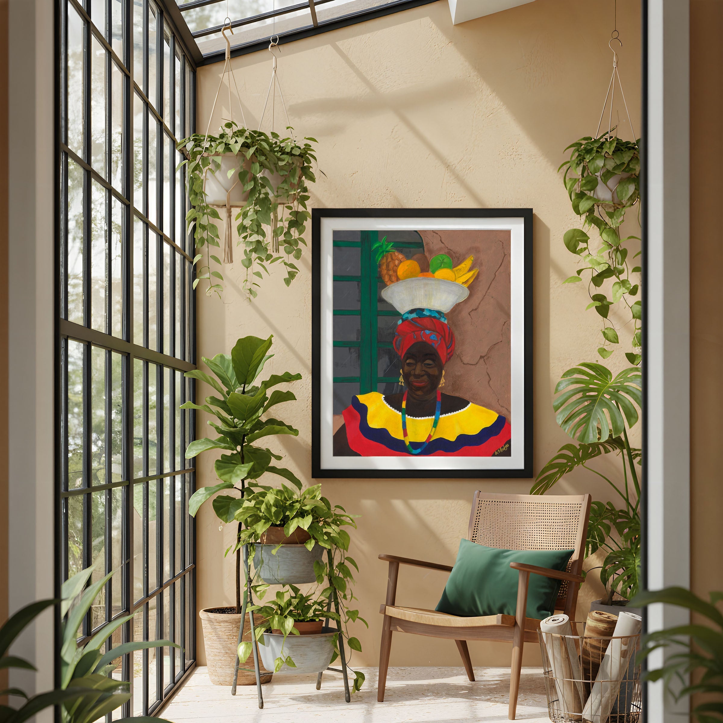 Decorative interior with a colorful framed artwork by Antionette Simmons Hodges,  depicting a Colombian woman fruit vendor, chair, and plants.