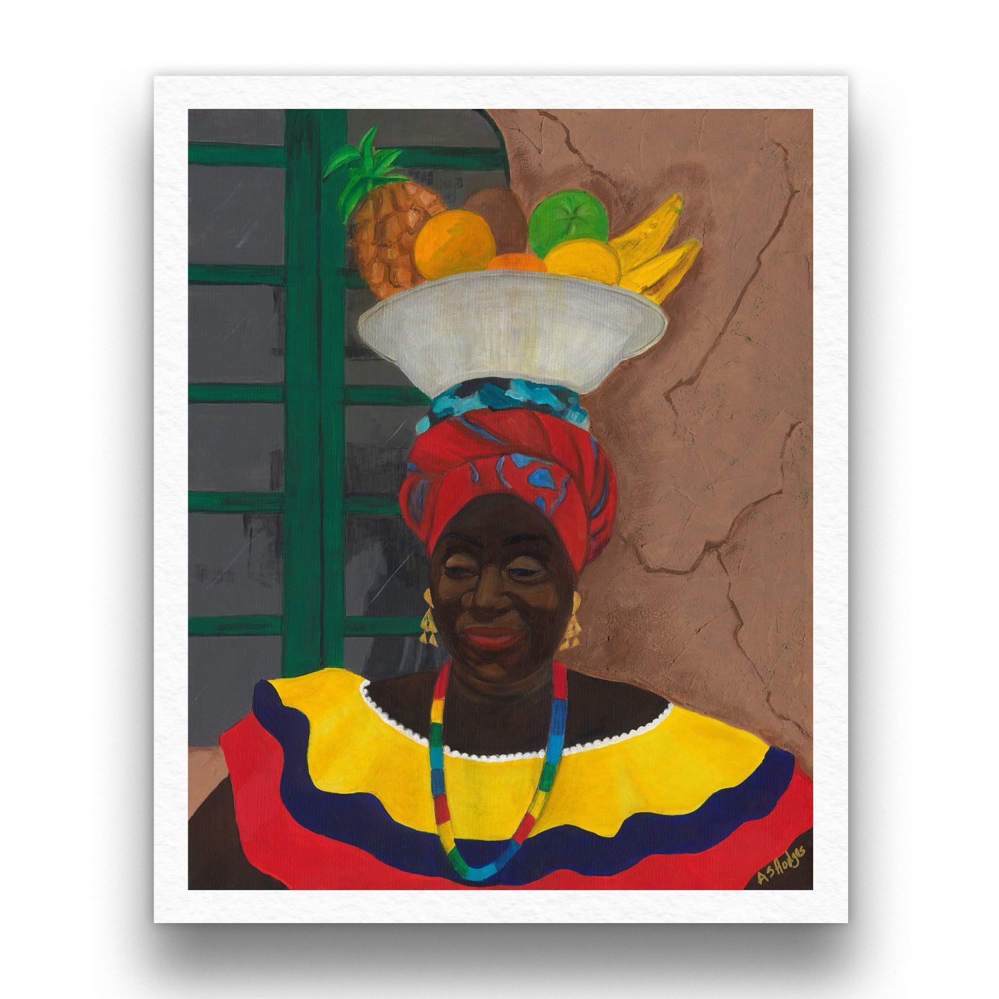 Black art print 'Hey Lady' by Antionette Simmons Hodges. Portrays a Colombian woman in vibrant traditional attire with a red turban, large hoop earrings, and a basket of tropical fruits, set against a textured background, celebrating cultural vibrancy.