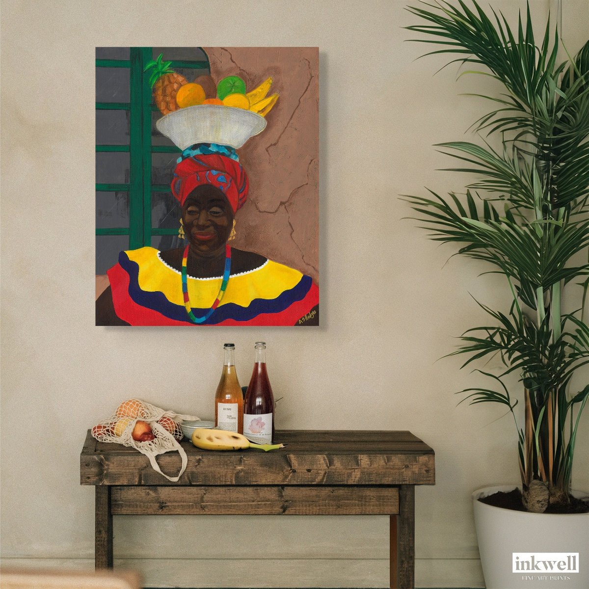 black art Print 'Hey Lady' By Antionette Simmons Hodges depicting a Colombian Fruit Vendor hung above a bench with fruit and bottled beverages