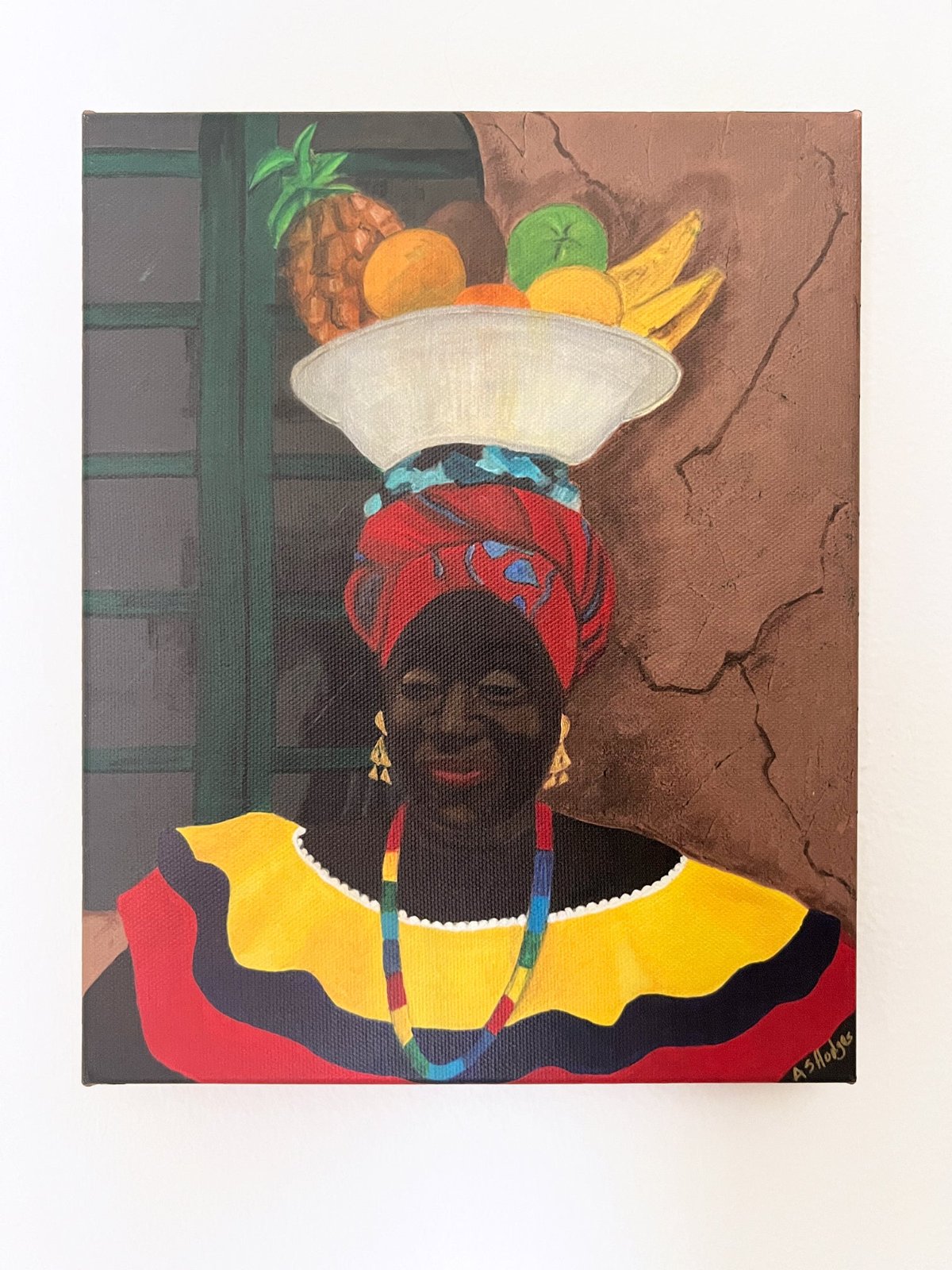 Canvas Print 'Hey Lady' By Antionette Simmons Hodges depicting a Colombian Fruit Vendor