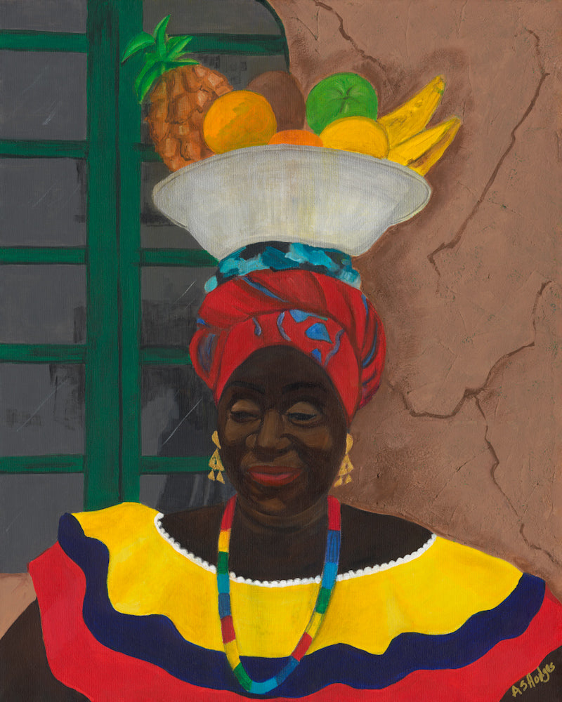 black art Print 'Hey Lady' By Antionette Simmons Hodges depicting a Colombian Fruit Vendor