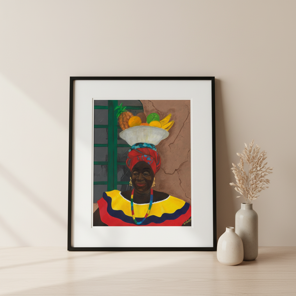 Framed artwork of a woman with a colorful headscarf on a beige wall.