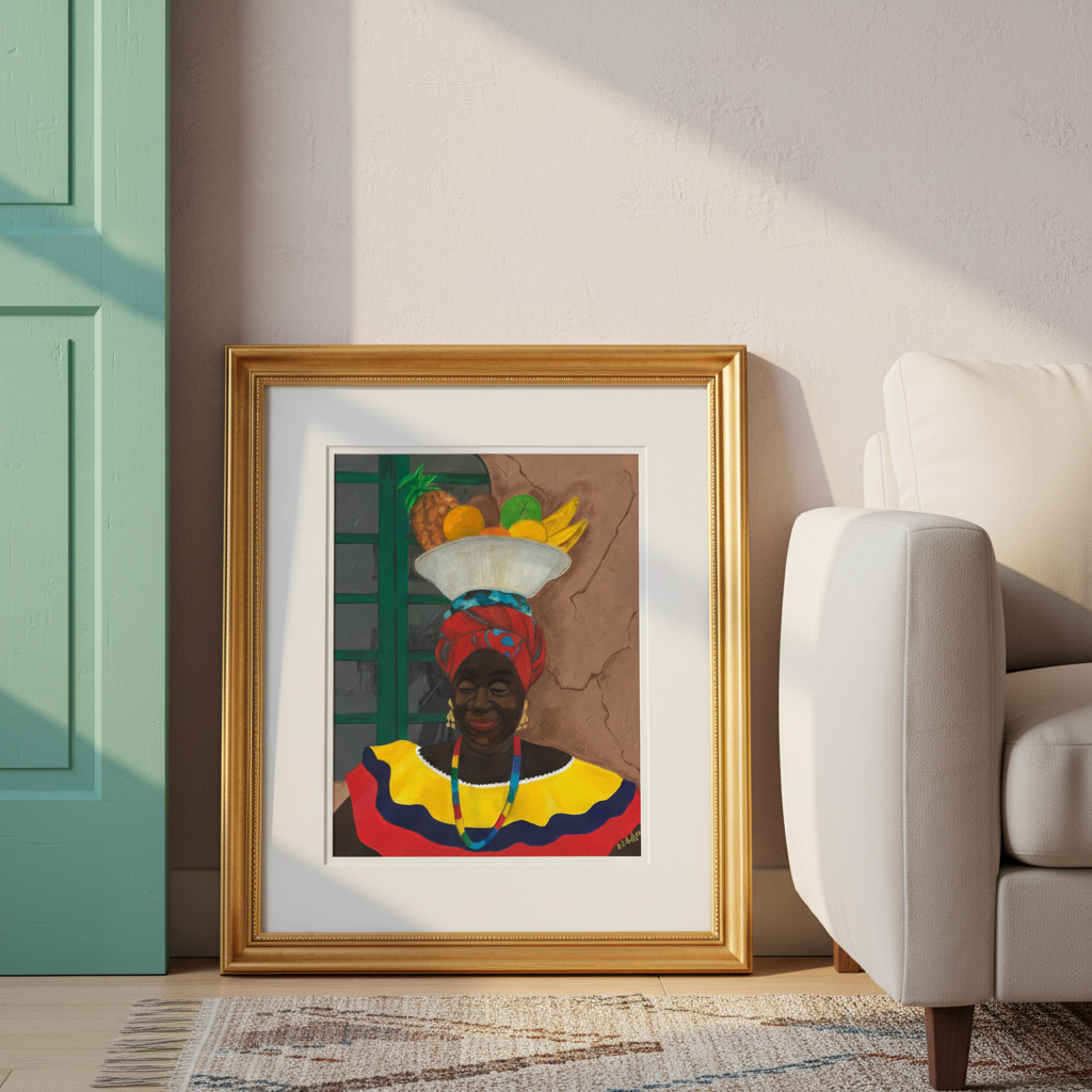 Framed artwork of a woman with a colorful headscarf in a living room setting.