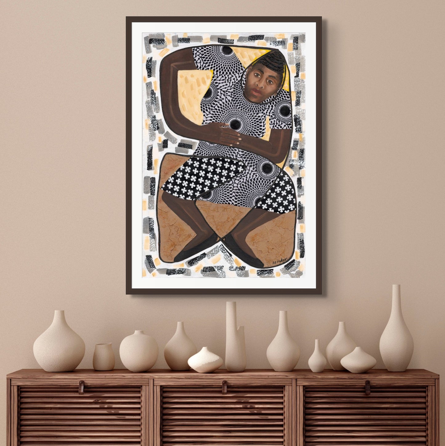 Black art print How Low Can You Go  framed in espresso wood. 