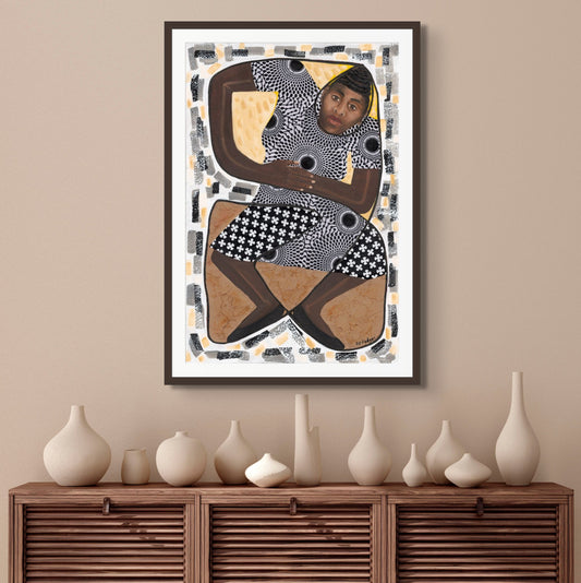 Black art print How Low Can You Go  framed in espresso wood. 