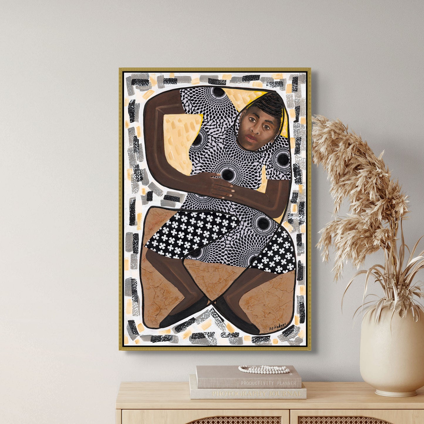 Black art Print How Low Can You Go? framed canvas print by Antionette Simmons Hodges. Features a stylized figure in a limbo dance pose against an abstract background of dots and patterns, celebrating movement and African American culture. 