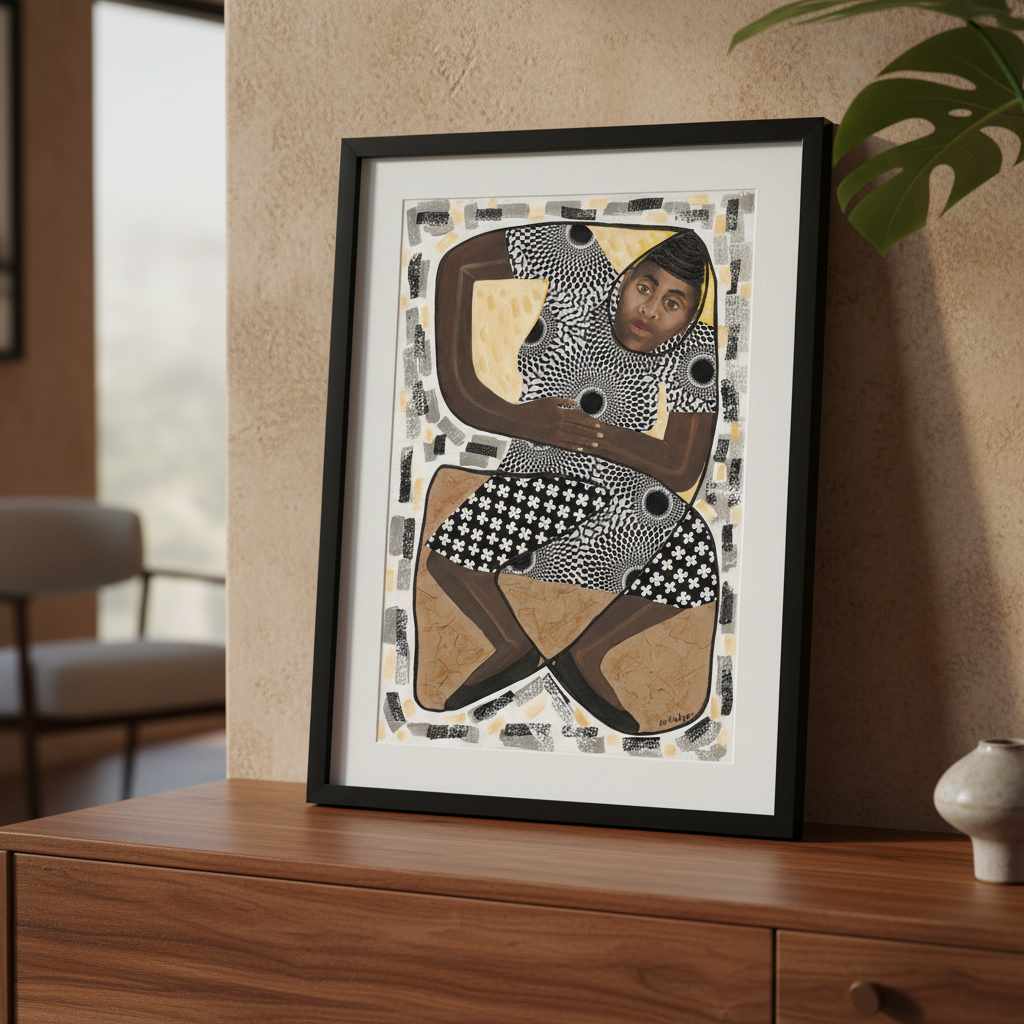 How Low Can You Go framed giclee print in black frame on a credenza — Caribbean limbo dance art