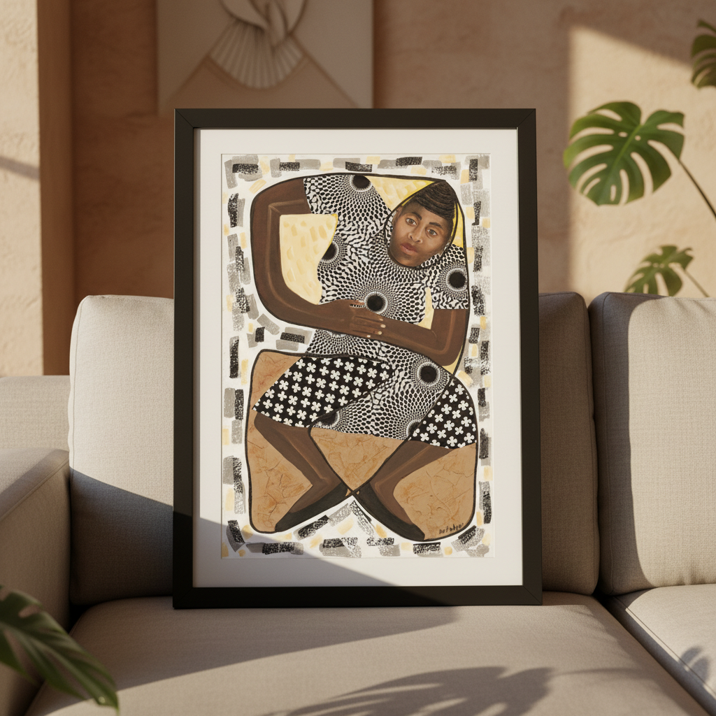 How Low Can You Go framed giclee print in black frame leaning against a sofa — Caribbean limbo dance art