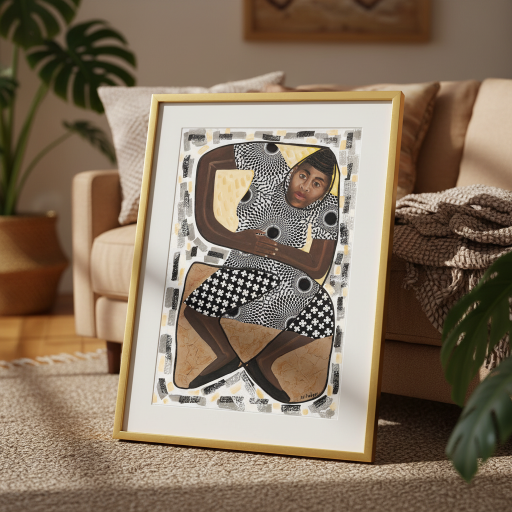 How Low Can You Go framed giclee print in gold frame, bohemian styling with sofa and monstera plant — Caribbean dance art
