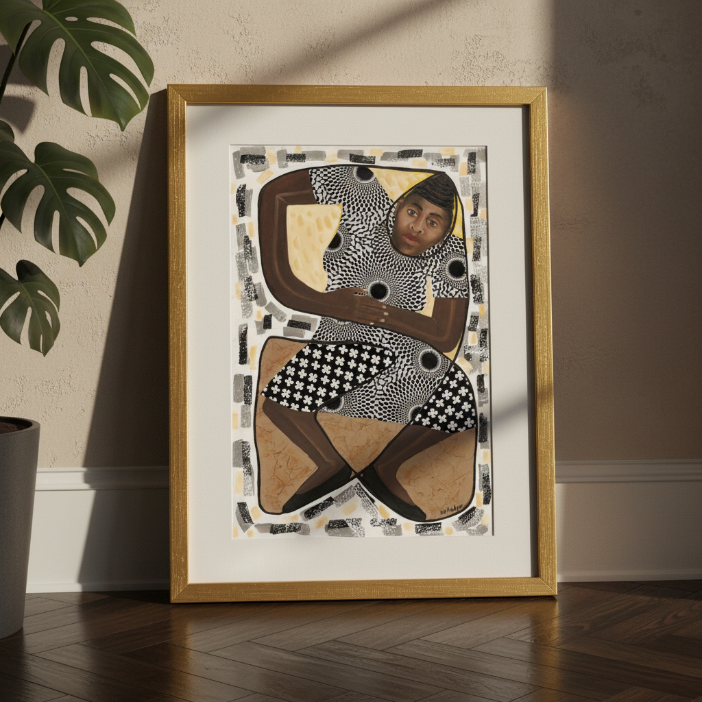 How Low Can You Go framed giclee print in gold frame, Brooklyn-styled floor lean — Caribbean limbo dance art