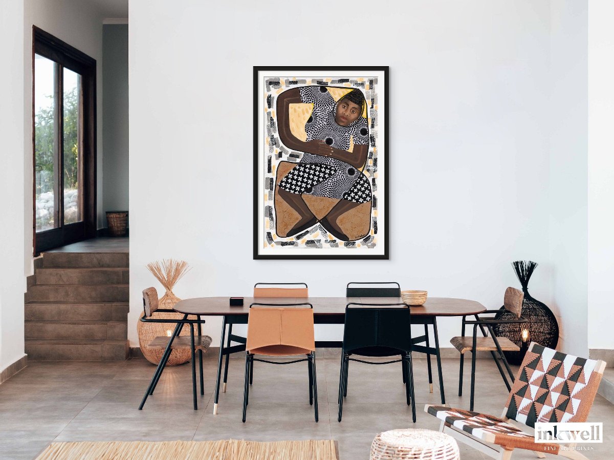 'How Low Can You Go?' art print: Stylized figure in a limbo dance pose with rich brown hues and black patterning, set against an abstract background of dot patterns and floral motifs, showcased in a modern dining room above a table with black and brown accents.