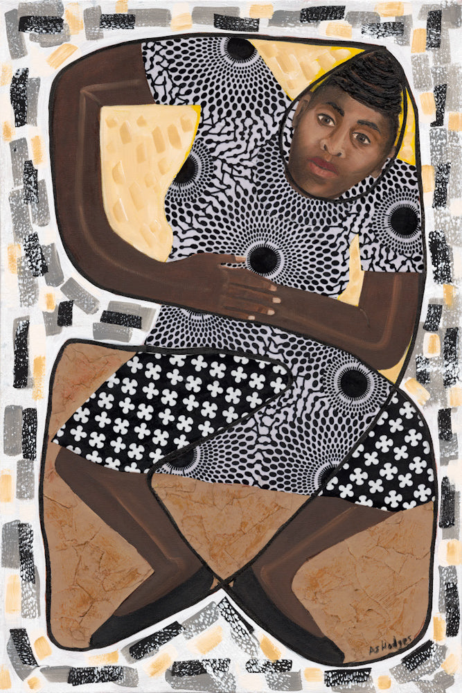 How Low Can You Go?' art print: Stylized figure in a limbo dance pose, featuring rich brown hues and black patterning, set against an abstract background with dot patterns and floral motifs.