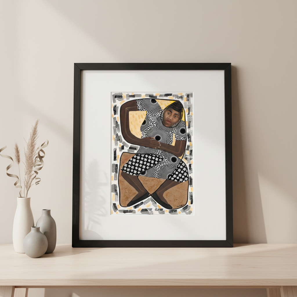 Framed abstract artwork on a white wall with decorative vases below.