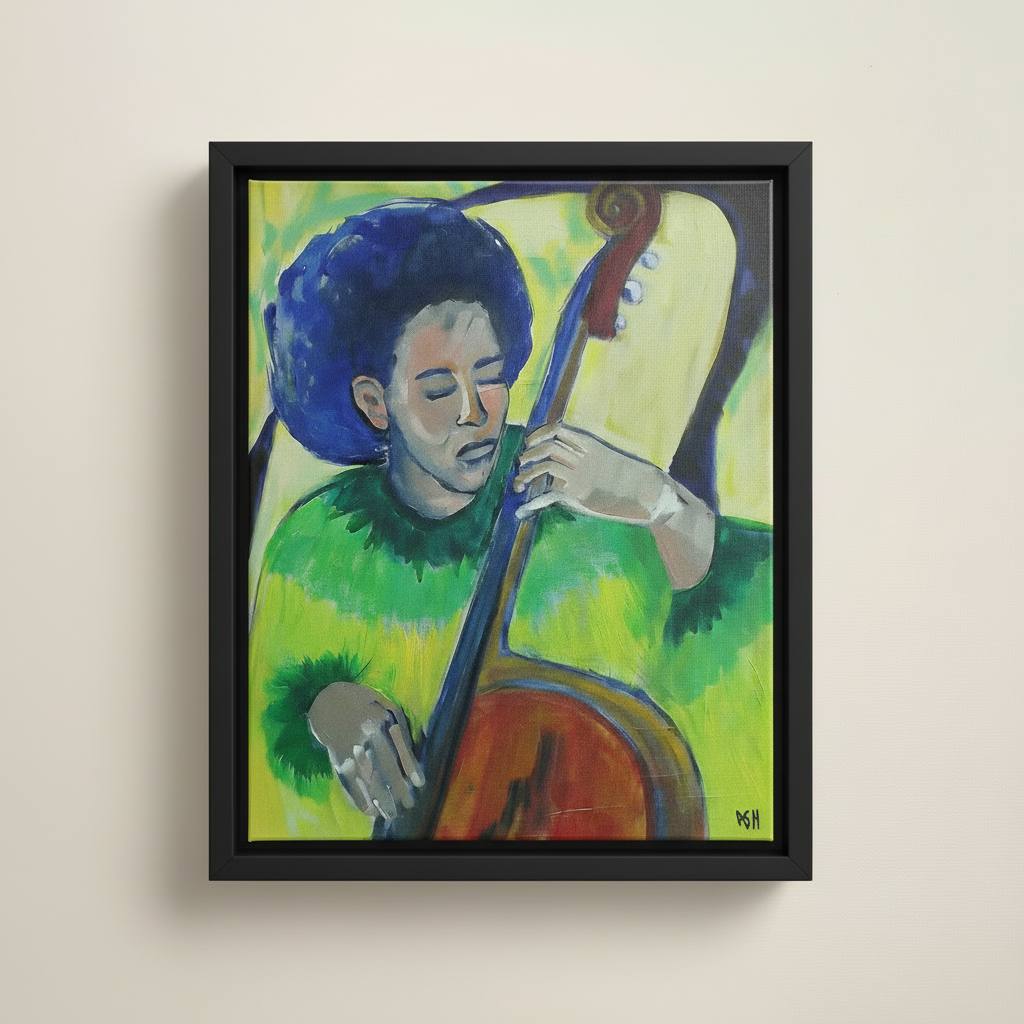 Black Bass Player Framed Canvas Wall Art | African American Decor