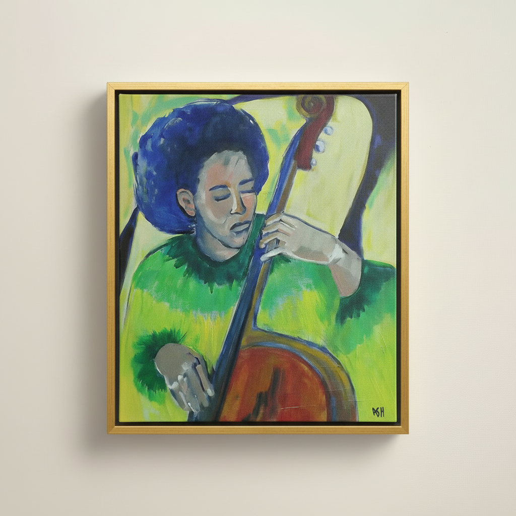 Black Bass Player Framed Canvas Wall Art | African American Decor