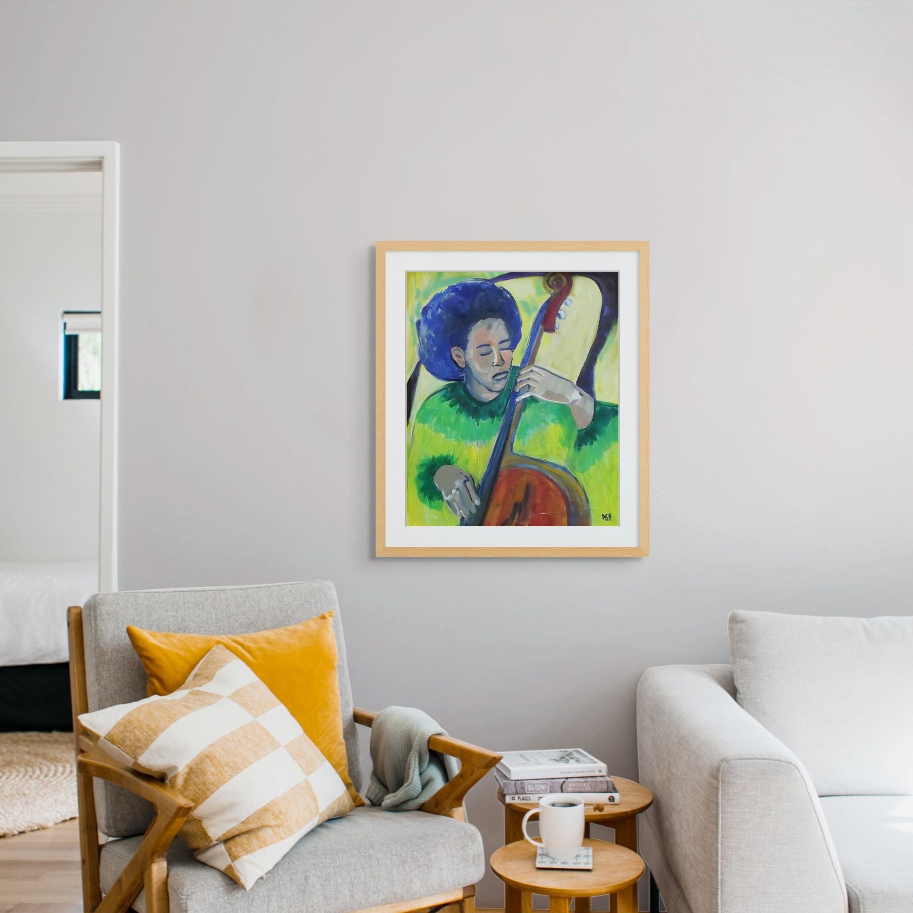 In Tune giclee print — full artwork, Black bassist soulful jazz art by Antionette Simmons Hodges