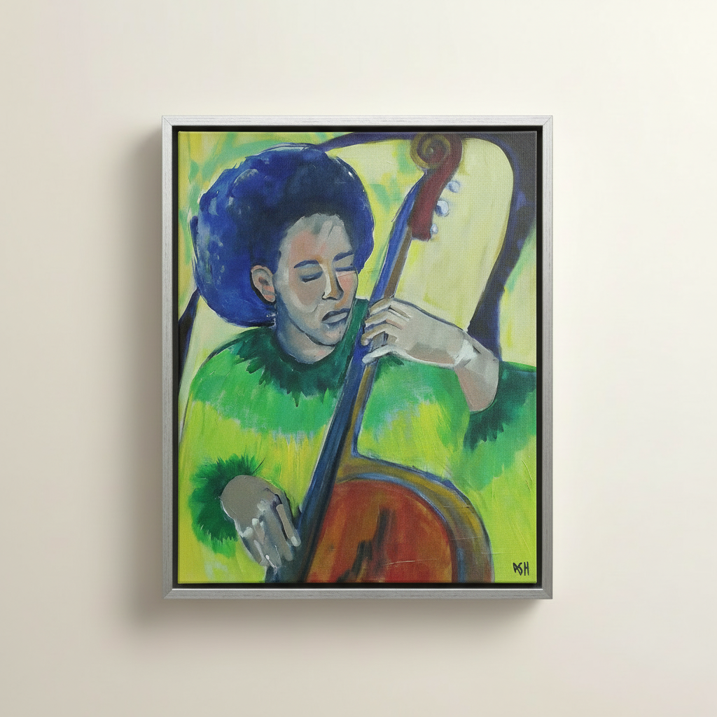 Black Bass Player Framed Canvas Wall Art | African American Decor