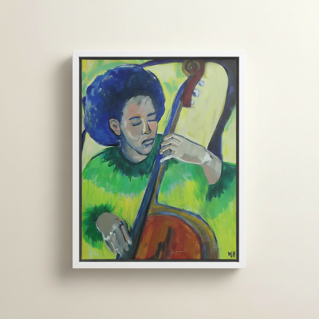 Black Bass Player Framed Canvas Wall Art | African American Decor