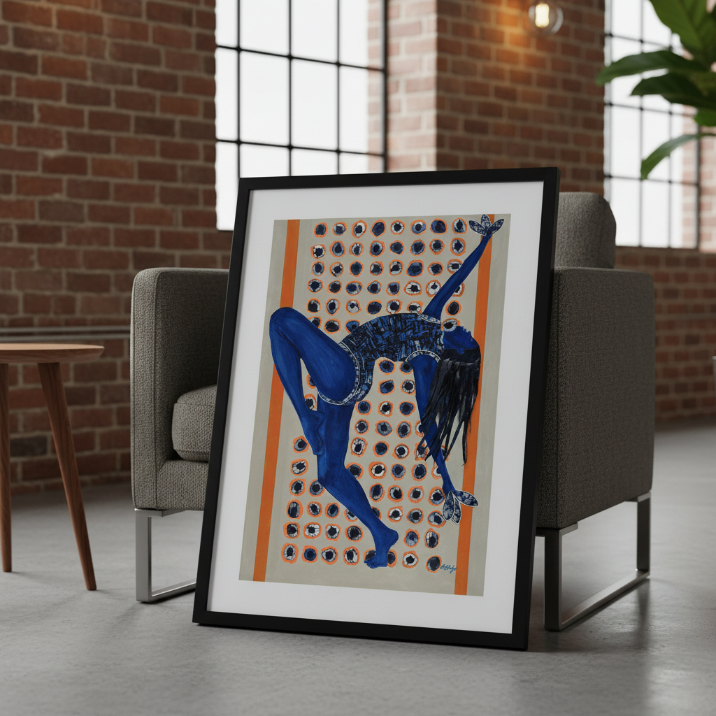 Indigo Rising framed art print in black frame, leaning against a chair — Black woman dance art in indigo tones