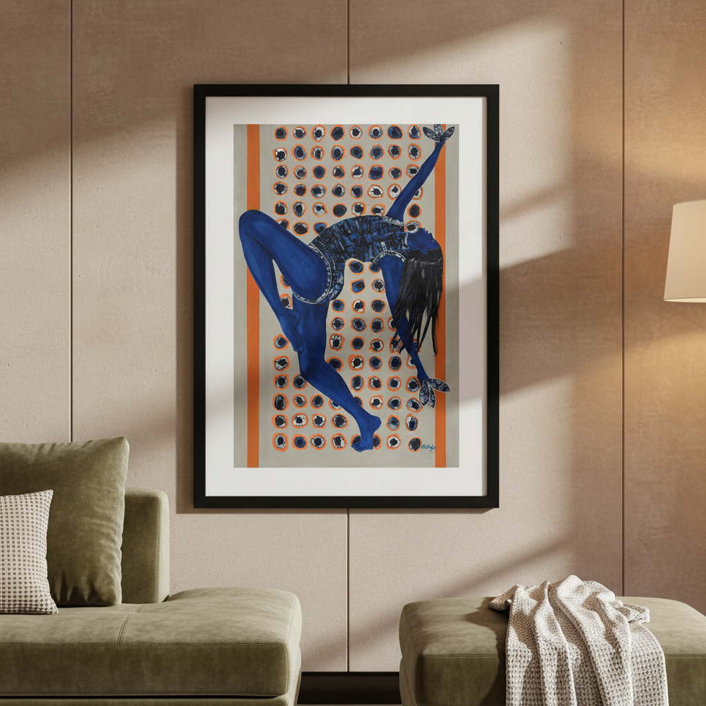 Indigo Rising framed art print, contemporary earth-tone styling — Black woman dance art in indigo tones