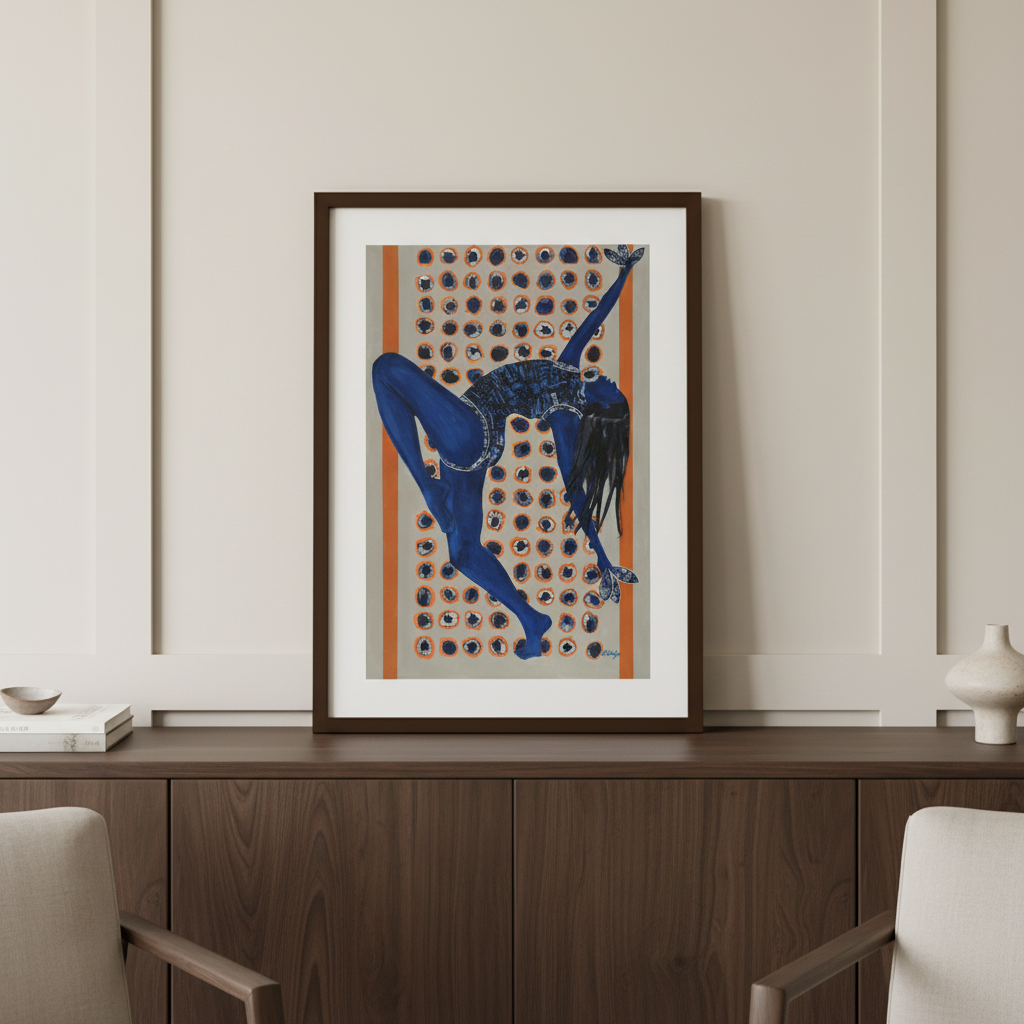 Indigo Rising framed art print in espresso frame on a credenza, minimalist styling — Black woman dance art in indigo tones
